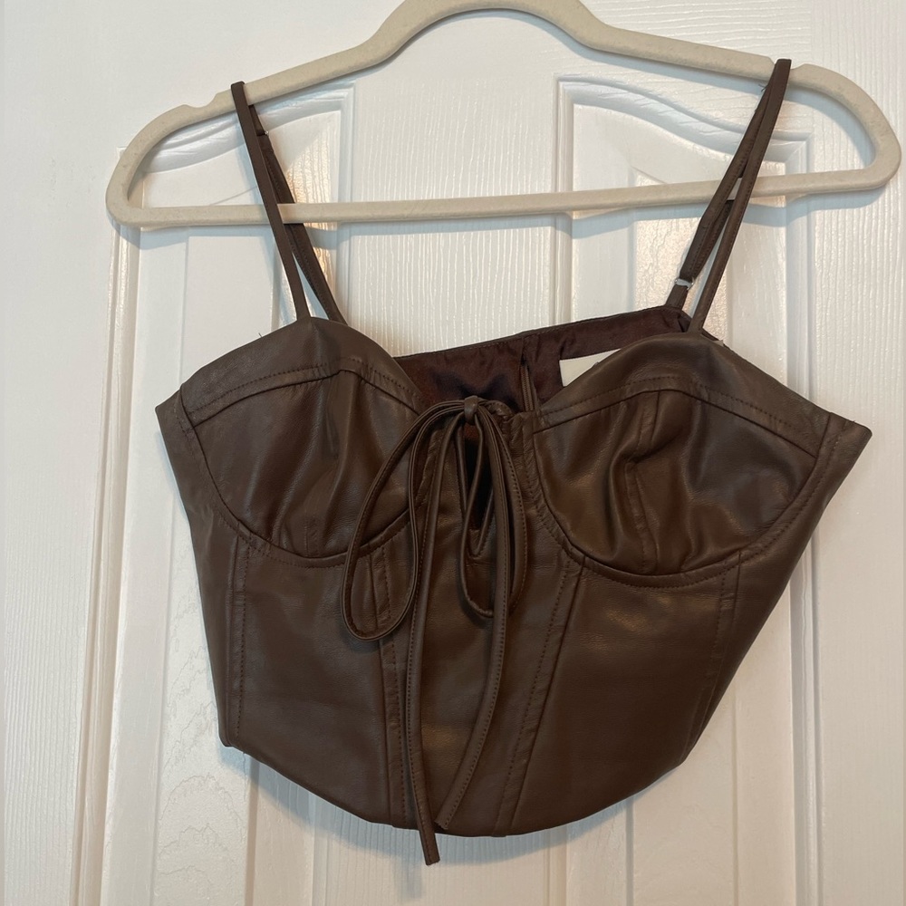 HOT brown leather crop top! adjustable straps!